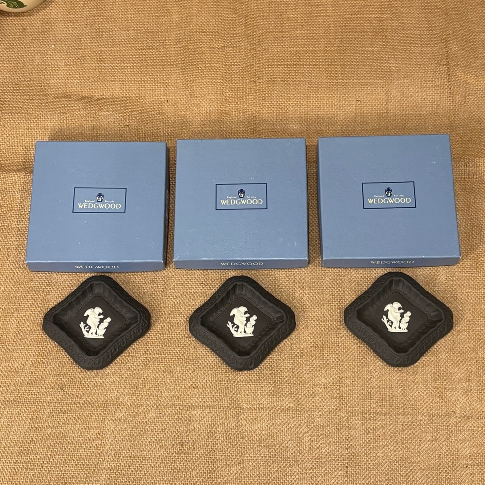 Lot 3 Wedgwood Black Jasperware Miniature 4" Trays Signed NIB Dark Academia